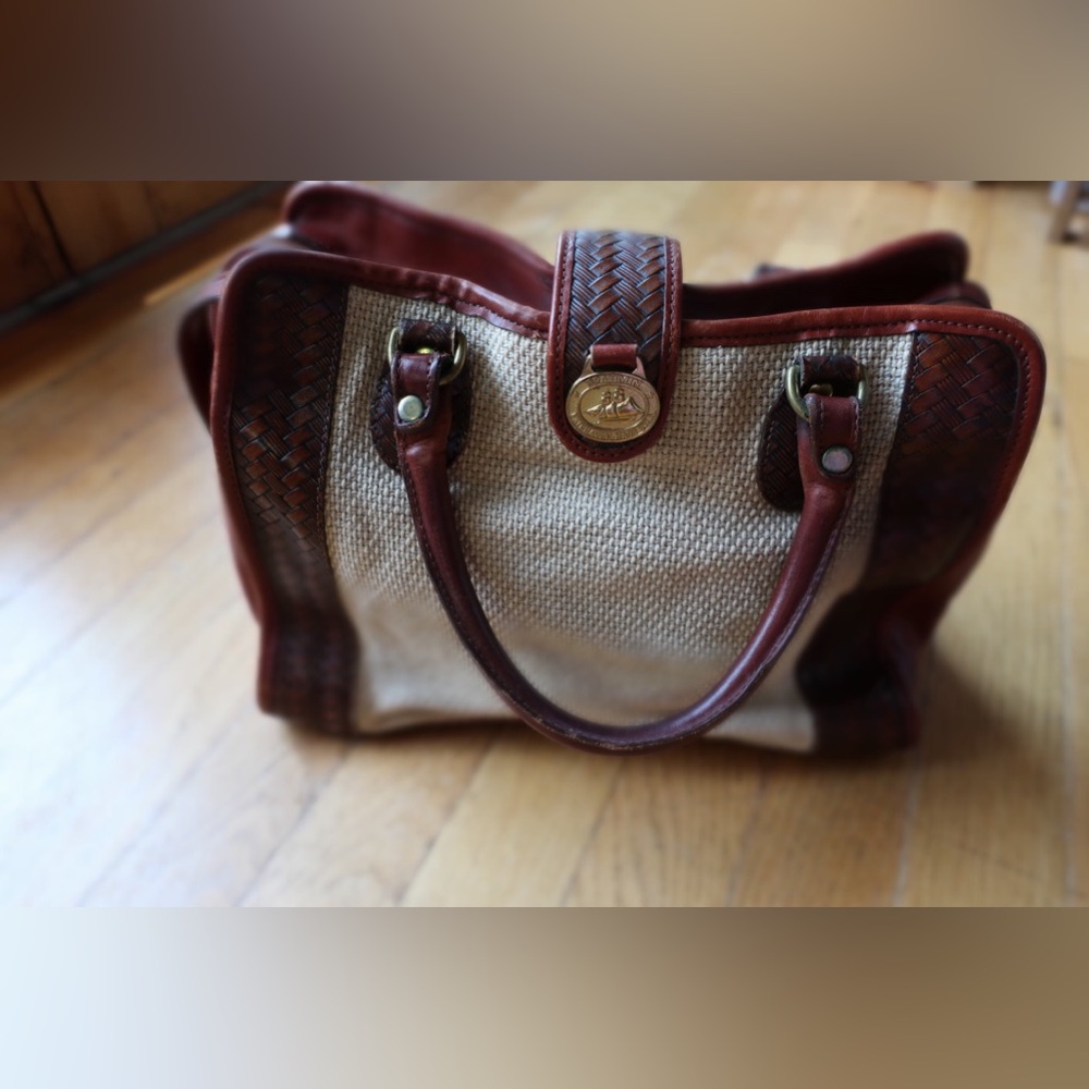 Vintage Brahmin Two-Tone Woven Fabric and Leather crossbody satchel